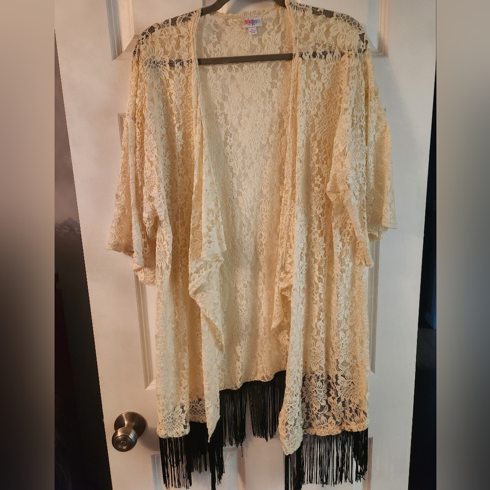 LuLaRoe White Lace Monroe Kimono Cover With Black Fringe,  Large